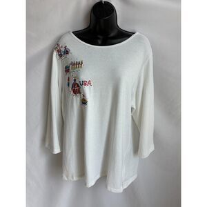 Vintage Quaker Factory White Embroidered Blouse USA Quirky Size L Novelty Funky